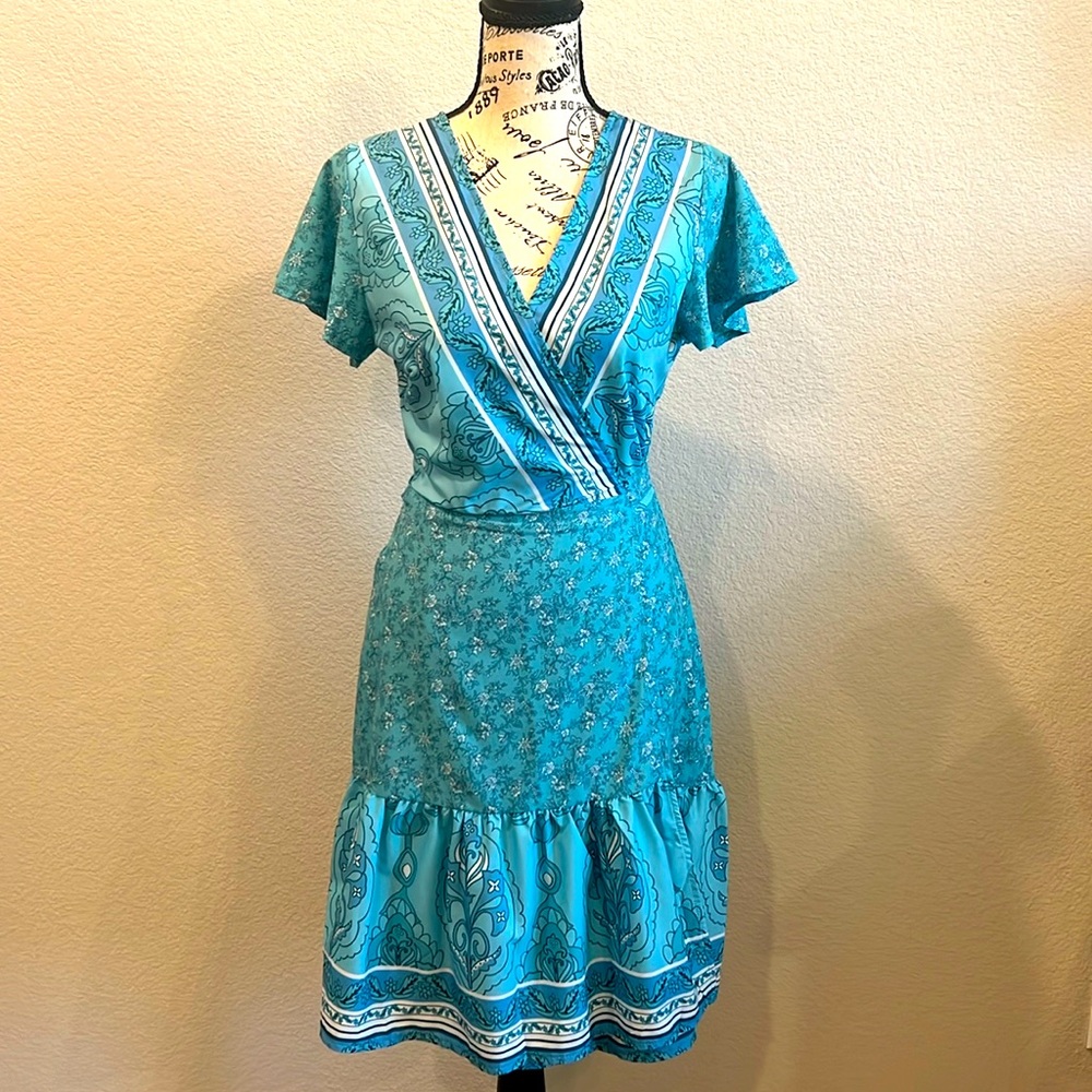 Blue/Green/Aqua Wrap Dress with Floral Print